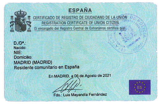 Abogado Certificado de Registro de Ciudadano de la Unión